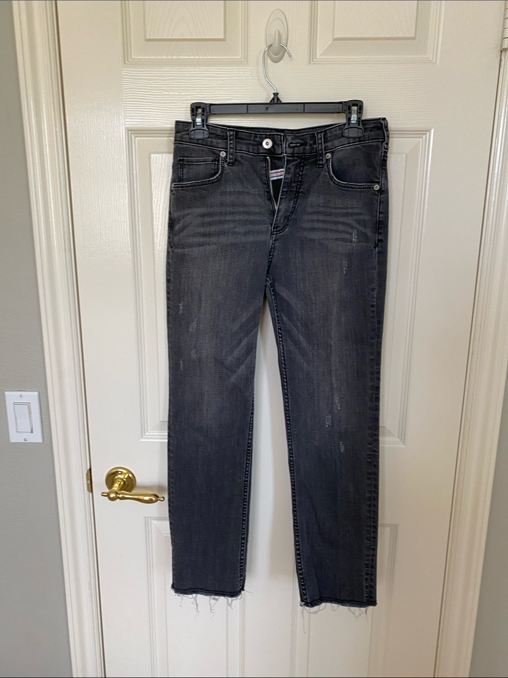Pilcro and the Letterpress Washed Black Straight-Leg Jeans with Frayed Hem